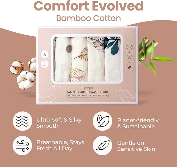 Nightingale Baby Washcloths, Rayon from Bamboo Baby Clothes Organic Wash Cloths with Cotton, Newborn Bath Essentials, Burping Cloths for Babies, Face Towels Reusable 12"x12" (Feather) 6 Pack