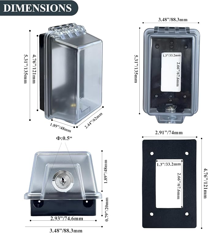 Universal Standard Electrical Outlet Cover with Lock,Fits Most 2.6 "H x 2.5 "W or Smaller Plugs, Clear Outlet Waterproof Cover Box Fit for Outdoor in-Use（2 Pack）