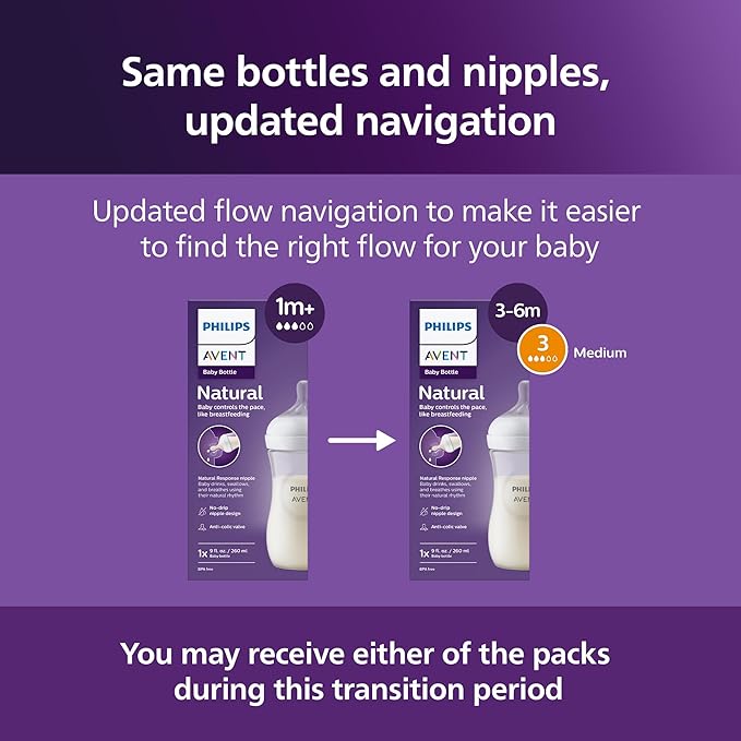 Philips Avent Natural Baby Bottles with Natural Response Nipples (Medium Flow, Flow 3), 9oz, 4-Pack, SCY903/04