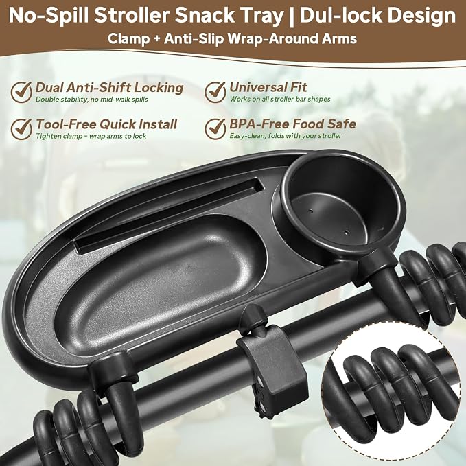 Universal Stroller Snack Tray with Cup Holder and Phone Holder, 3-in-1 Baby Stroller Tray with Secure Non-Slip Secure Clamp, Fits Most Strollers & Wagons, Toddler Snacking On The Go
