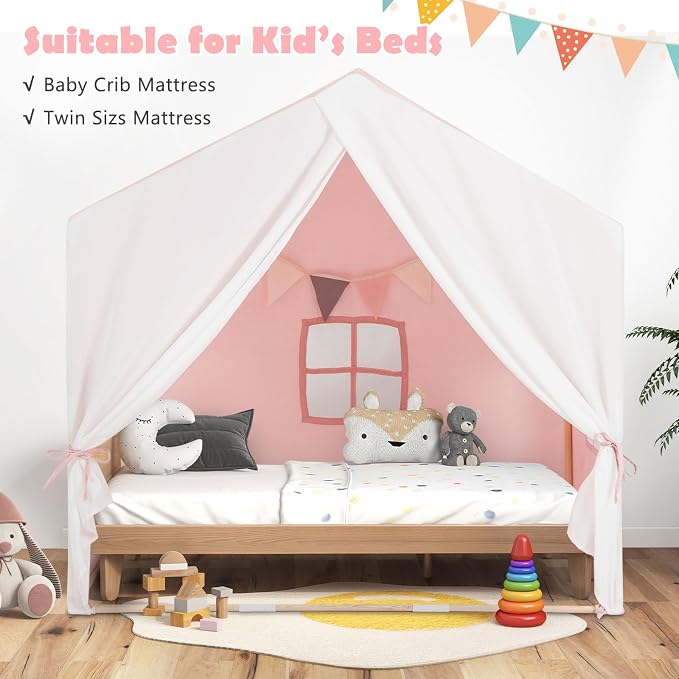 HONEY JOY Kids Play Tent, Toddler Tent Indoor Playhouses with Mat, Windows, Curtain, Solid Wood Frame, 52" x36" x 52", Large Children Princess Castle Play Tent for Boys Girls (Pink)