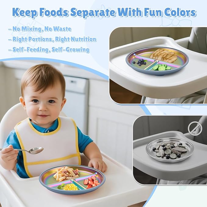 Goldusk Stainless Steel Baby Plates with Suction, 2pcs 9" Rainbow Kids Plates BPA-Free with Removable Food-Grade Silicone Base Baby Dishes Toddler Plates with Dividers, Blue & Green