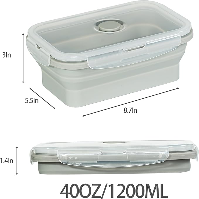Plus 4PCS Foldable Silicone Food Storage Containers for Kitchen Storage for Leftovers Fruits and Meal Prep Dishwasher Safe Microwave Safe Ideal for Home and Travel (grey, 40OZ)