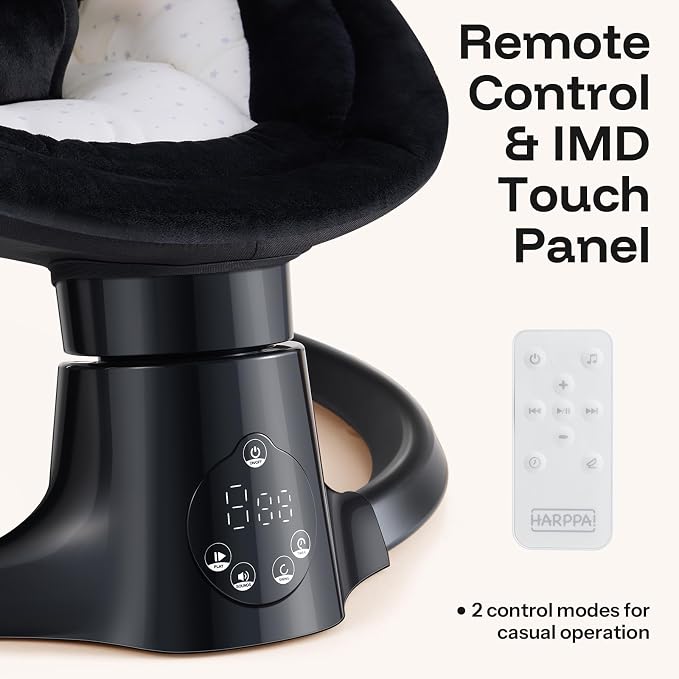 HARPPA Weddell Lite Electric Baby Swing for Infants with Music Speaker, 5 Adjustable Speeds, 5-Point Safety Harness, Timer Function, Compact Design for Indoor & Outdoor Use,Black