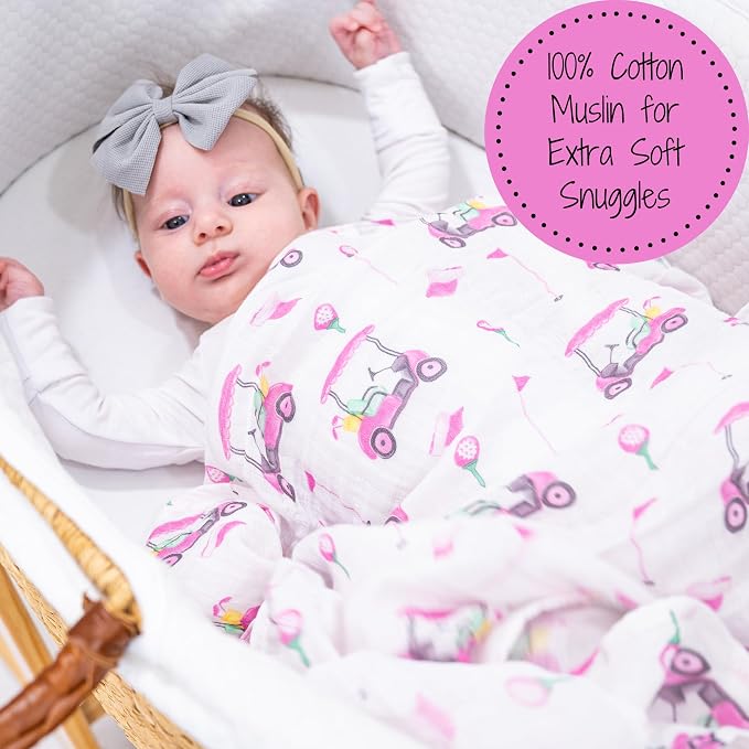 LollyBanks Muslin Swaddle Blankets 2 Pack, 100% Cotton Baby Blanket for Girls, Soft and Breathable 47 x 47 Inches Newborn Receiving Blanket, Newborn Essentials Must Haves (Pink Golf and Pink)