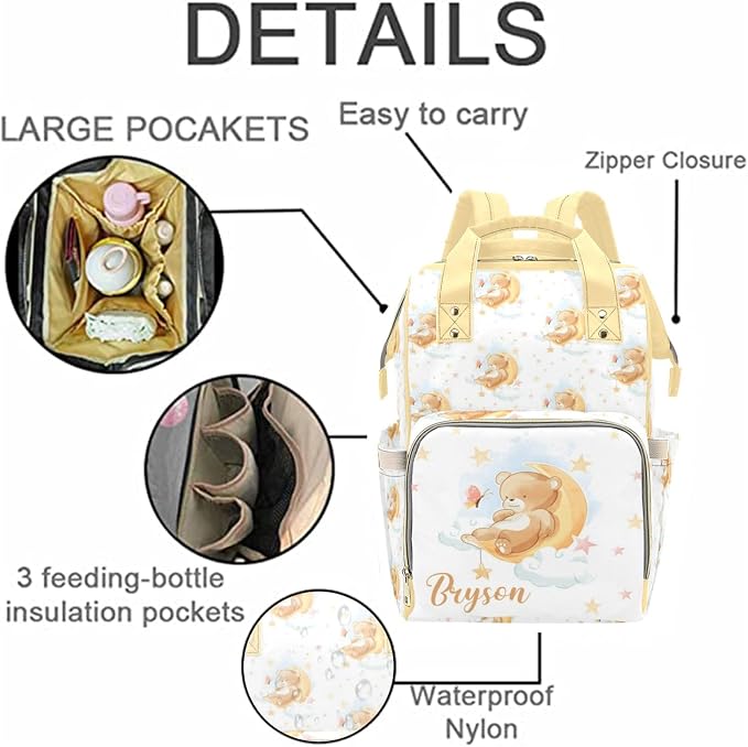 Custom Diaper Bag with Name Personalized Bear Nylon Travel Backpack for Holiday Travel Customized Nappy Changing Bag with Pockets for New Mom