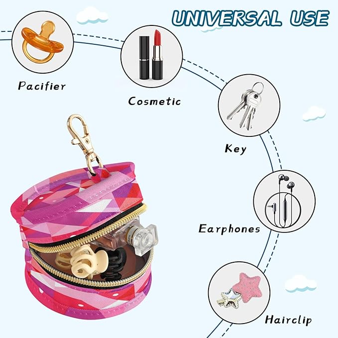 Pacifier Holder with Clip Pacifier Case for Diaper Bag Round Baby Pacifier Pouch Box Bag Portable Red Pink Geometric