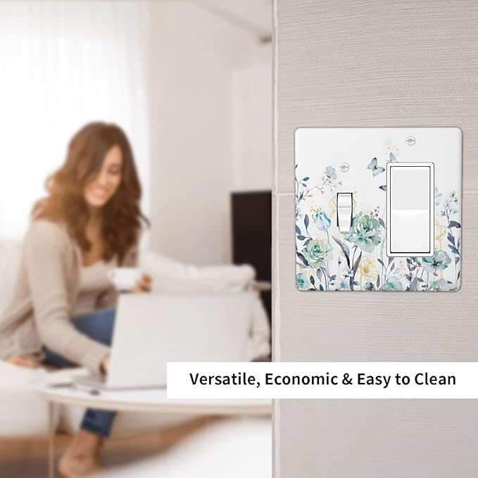 Romantic Floral Butterfly Leaf Flower Golden Pollen Outlet Covers 1 Toggle 1 Rocker Combination Decorative Wall Plate Electrical Switch Plates Light Switch Cover Plate for Bedroom Living Room Decor