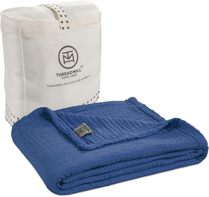 Threadmill Muslin Throw Blanket | 4 Layer 100% Cotton Gauze | Lightweight, Breathable, and Soft All Season Blanket | 50 x 65 Cozy Throw for Sofa, Couch & Bed | Folktone Blue