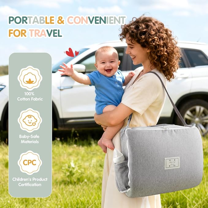 Portable Baby Lounger - Foldable Infant Lounge with Adjustable U-Shaped Bumper & Storage Bag, Breathable Cotton Snug Spot for Supervised Rest & Play at Home or On The Go,Gray Leaf