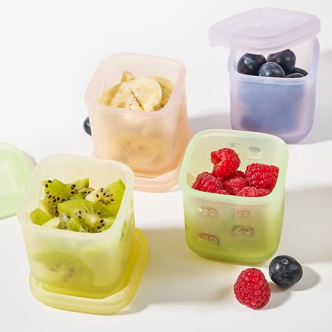 Olababy Training Spoon Set (Coral/Lilac) + Olababy Clear Sense Silicone Storage Containers 4pk (Lilac, 4 oz)