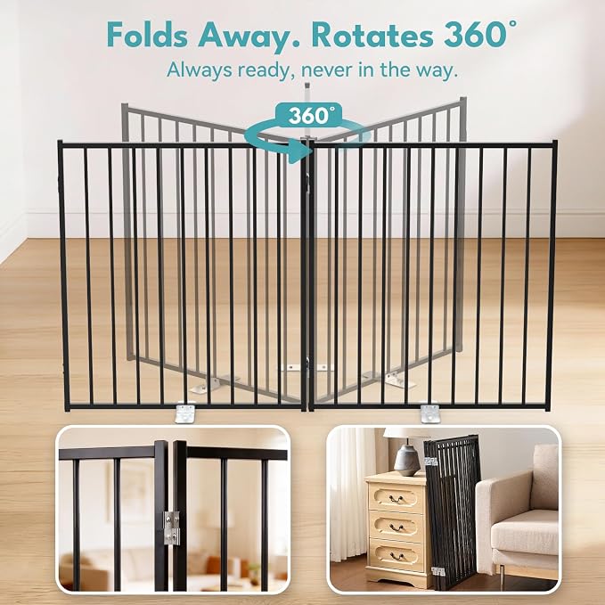 No Pawblems Free Standing Dog Gate with Door, 30'' Tall Foldable Dog Fence for Indoor & Outdoor, Up to 156 Inch Extra Wide Pet Gate for Yard, Deck, Doorways, Stairs, Hallways (Black, 6 Panels)