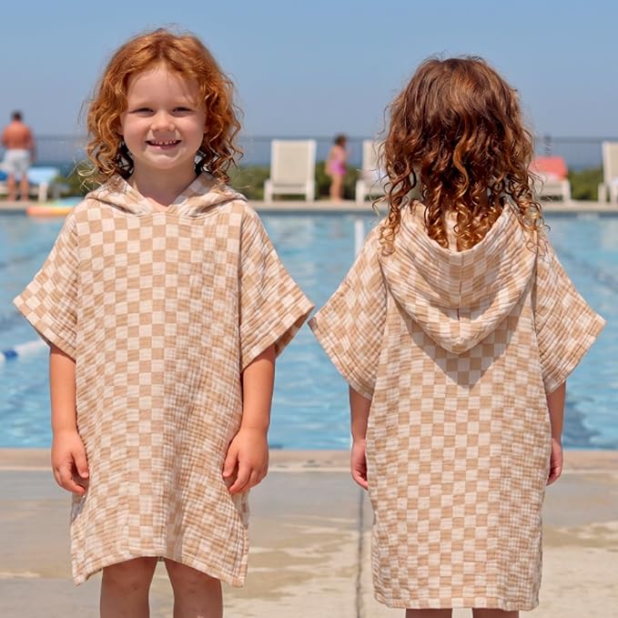 Frienda Muslin Hooded Beach Towel for Kids 3-6 Years Soft Muslin Bath Poncho for Baby Absorbent Fast Drying Blankets for Boys Girls Newborns Toddler Beach Pool Bath Essentials(Checkered, Brown, White)