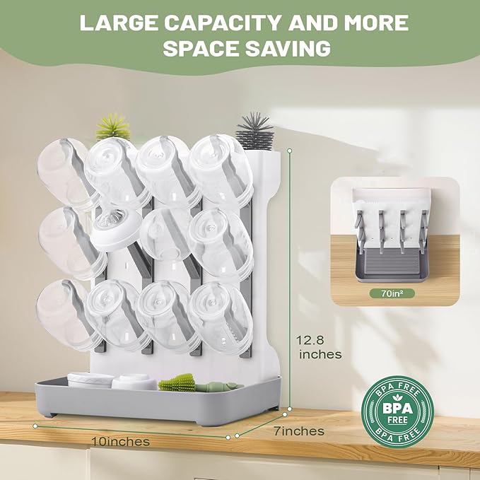Hranio Baby Bottle Drying Rack Baby Bottle Organizer Drying Rack Space Saving Foldable Dish Can Dry Up to 12 Bottles Large Vertical for Infant Accessories & Pump Parts (Gray)