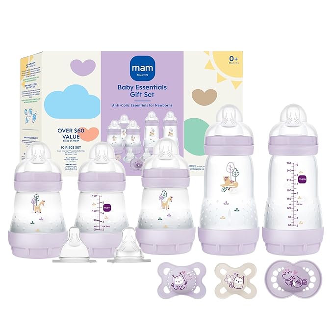 MAM Easy Start Anti-Colic Baby Bottle & Pacifier Set, 5 Self Sterilizing Bottles (3X 5oz, 2X 9oz) & 3 Original Pacifiers 0??6 Months + Extra Nipples, Newborn Feeding Gift Set