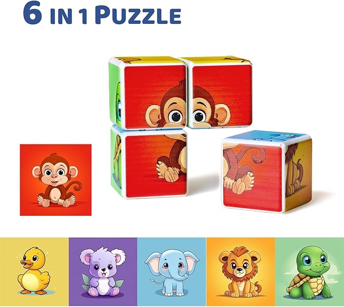 Pairez Toys 3D Magnetic Cubic Jigsaw Puzzle Toys for Toddlers, Large Building Blocks Cubes 1.65 Inches, Integrated with Magnets, 6 Patterns in Animal Theme