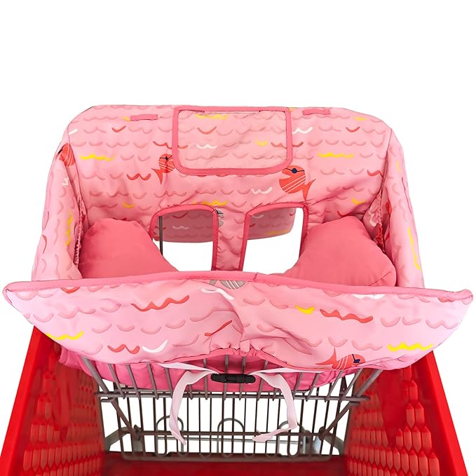Love&go Soft Pillow Attached 2-in-1 Shopping Cart and High Chair Cover for Baby, Cotton Padded Cart Cover, Fold'n Roll Style, Portable with Carry Bag (Pink Fish)