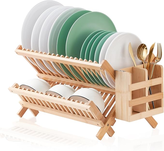 Bamboo Dish Drying Rack, 2 Tier Collapsible Dish Rack with Utensil Holder, Wooden Dish Drying Rack for Kitchen Counter, Large Folding Drying Holder, Dish Drainer 34 pcs Grid