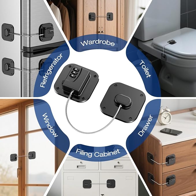 Fridge Refrigerator Lock with Combination, Heavy Duty Lock for Cabinet, Drawers, Closet, Safety Easy Install No Keys Needed (Black-2Pack)