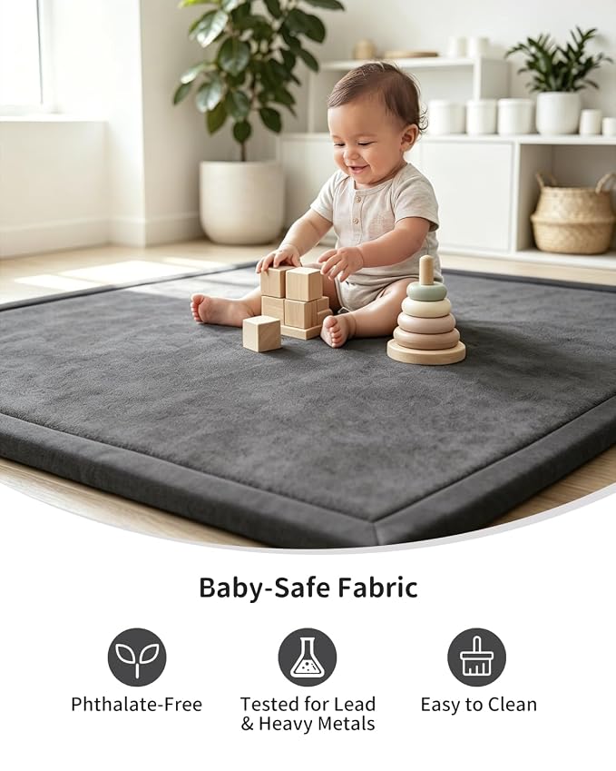 Goyuu Ultra Soft 1.3" Thick Baby Play Mat for Floor, 79x118 Playpen Mat Elasti-Foam Padded Crawling Mat for Babies, Toddlers, Infant, Kids, Non-Slip Backing Safe for Tummy Time, Grey