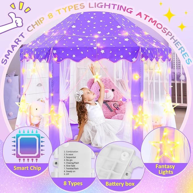 EVOIONOS Purple Princess Tent for Girls, Kids Play Tent with Large Star Lights, Castle Playhouse for Children Indoor Outdoor Games, 55 x 53 inches