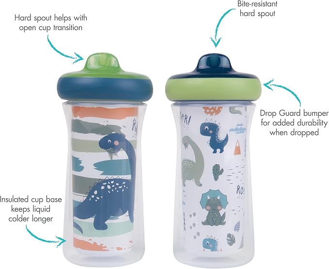 The First Years Dinosaur Kids Insulated Sippy Cups - Dishwasher Safe Spill Proof Toddler Cups - Ages 12 Months and Up - 9 Ounces - 2 Count