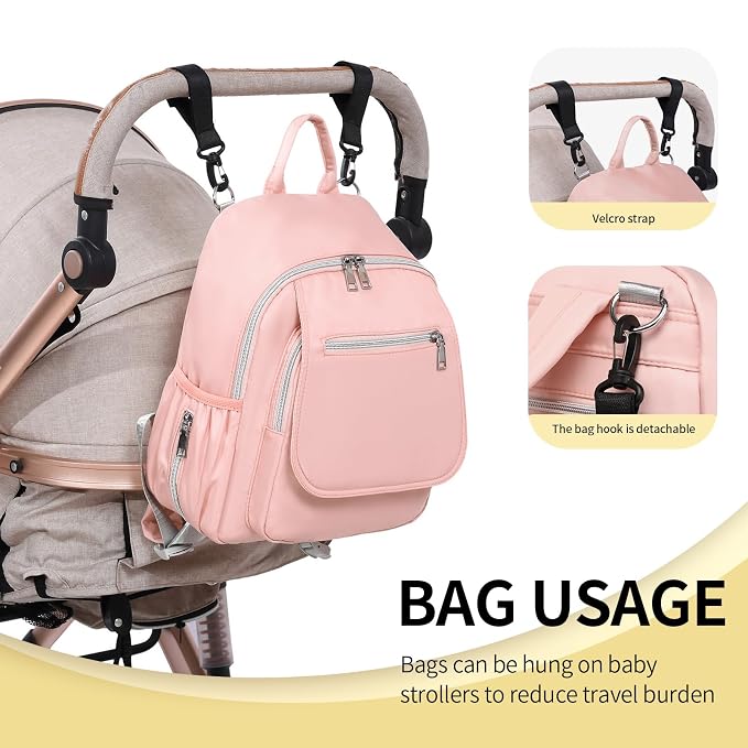 Small Diaper Bag Backpack, Mini Diaper Bag Purse with 10 Pockets, Travel Baby Bag for Baby Girls, Insulated Pockets, Stroller Straps,pInk