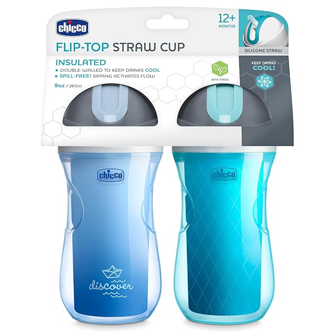 Chicco Insulated Straw Sippy Cup 12+ Months, 9oz Toddler Training Cup with Spill-Free Flip-Top Lid, BPA-Free 2-Pack, Blue Discover/Teal
