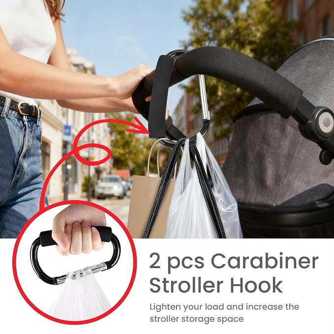 Stroller Hooks for Hanging Diaper Bags - Mommy Stroller Clip and Stroller Accessories Organizer Hook - 2 Pcs Large Carabiner Clips for Mom Purse Shopping Grocery Bag and Accessory