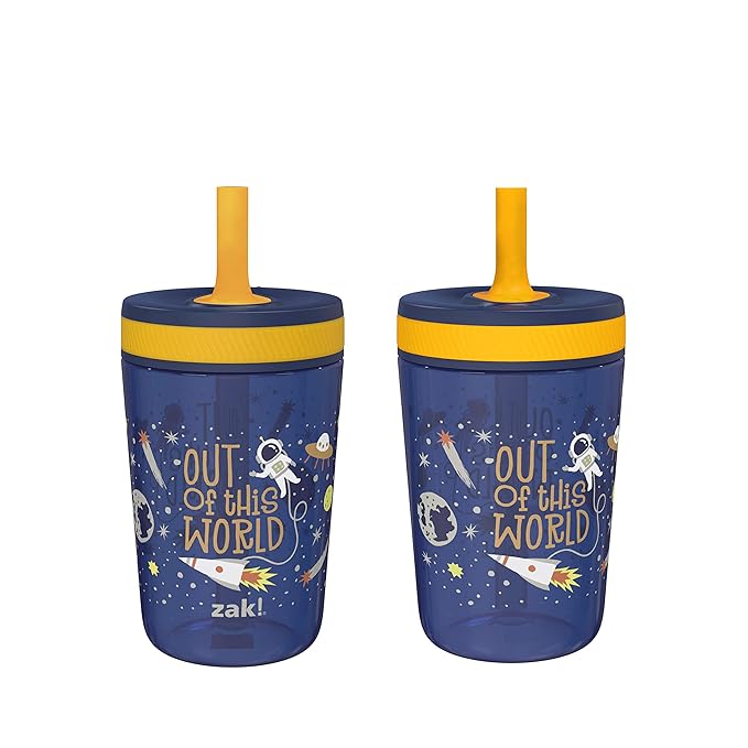 Zak Designs Kelso 15 oz Tumbler Set, (Space) Leak-Proof Screw-On Lid with Straw Made of Durable Plastic and Silicone, Perfect Cup Bundle for Kids (2pc Set)