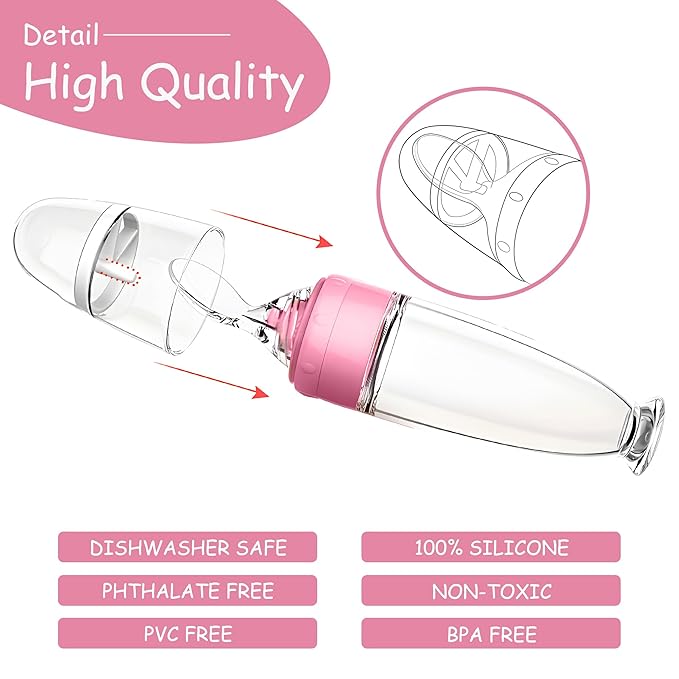 WAJIAYON Baby Food Feeder 4 Pack Silicone Baby Food Dispensing Spoon-3 oz Squeeze Feeding Spoons with Suction Cup for Boys Girl Kids Toddlers - Self Feeding Bottle Spoon-Peach Pink