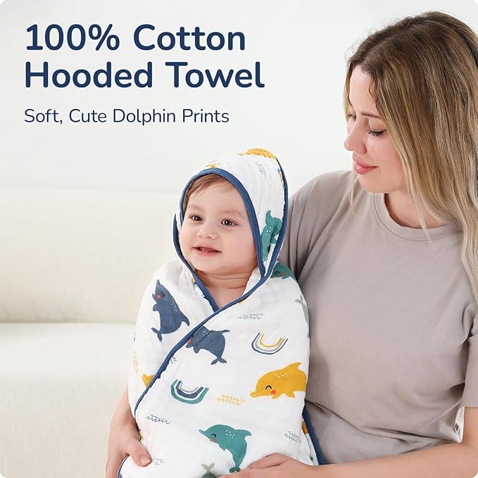 Baby Hooded Towel 2 Pack, Ultra Absorbent & Soft Muslin Baby Towel - 32 x 32 Inches, Baby Bath Towel for Newborns, Infants & Toddlers, Ideal for Bath Time, Pool & Beach