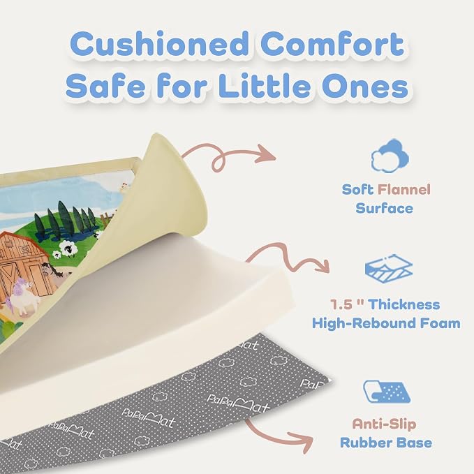 1.5" Thick Educational Large Baby Floor Play Mat 79x118, Flannel Padded Memory Foam Kids Mat, Non-Slip Plush Playmat for Nursery Playroom Classroom (Farm)