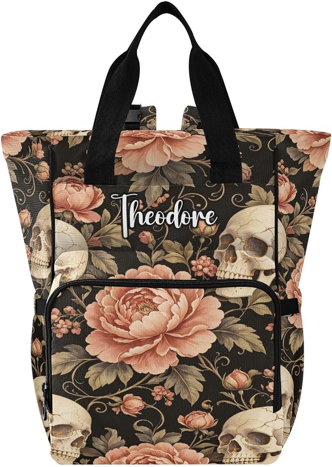 Custom Name Cracked Skull Peonies Diaper Bag Stroller Straps Gift Mom Dad