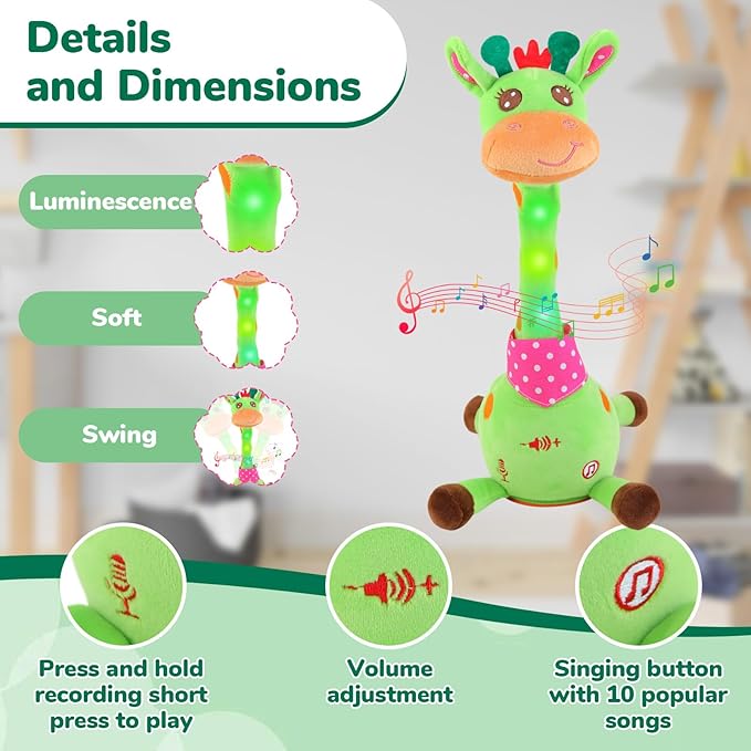 Dancing Giraffe Musical Plush Toy, Recording & Repeating Talking Giraffe Baby Toy for 6??2 Months, Interactive Singing Stuffed Animal, Birthday Gift for Grandkids Infants Toddlers(Green)