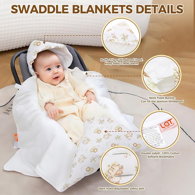 LAT LEE AND TOWN Winter Baby Car Seat Blanket for Newborn,35"x35"Universal Baby Wrap Blanket with Ruffle Hood,Winter Thickening Double Sided Cotton for Infants,Blankets for Stroller(Lion Elephant)