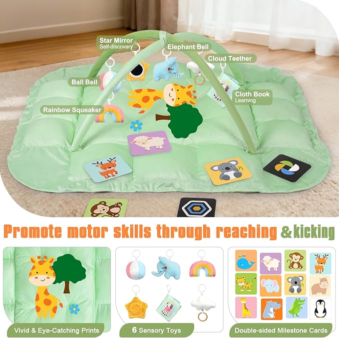 5-in-1 Tummy Time Mat Baby Activity Gym with Cartoon Pattern, Extra Thick Plush Play Floor Mat