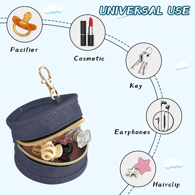 Navy Blue Pacifier Holder Case Newborn Pacifier Storage Pouch for Boys Girls Easy Attach to Diaper Bag Portable Baby Essentials Container