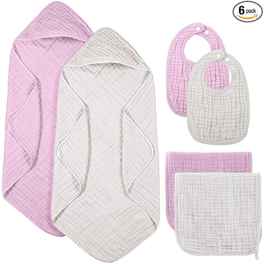 Hahafelt 6 Pcs Muslin Hooded Bath Towels Washcloths and Bibs Set, Muslin Cotton Baby Towels Absorbent Hooded Blanket Towel Infant Bibs for Boys Girls Newborn Infant Essential(White, Pink)