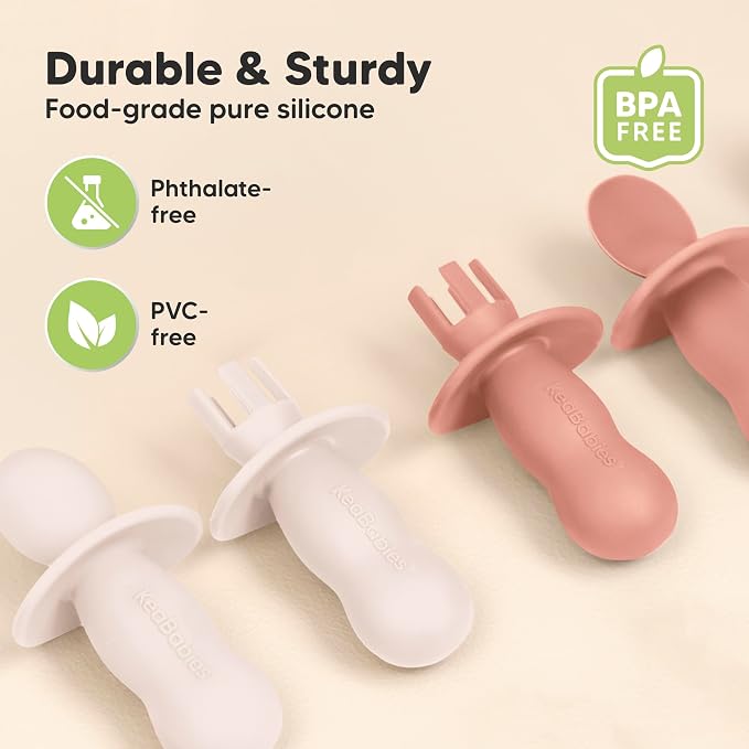 Keababies 4-Pack Silicone Baby Spoons and Forks Set and Suction Plates for Baby, Toddler - Baby Spoon Self Feeding, BLW Baby Utensils - 3-Pack 100% Silicone Divided Baby Plates with Suction