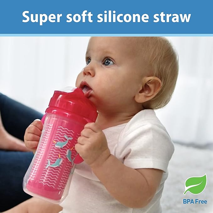 Dr. Brown's Milestones Insulated Sippy Cup with Straw and Handles, Pink, 10oz, 2 Pack, 12m+ & Dr. Brown’s Milestones Baby’s First Straw Cup, Training Cup with Weighted Straw, Coral, 6m+