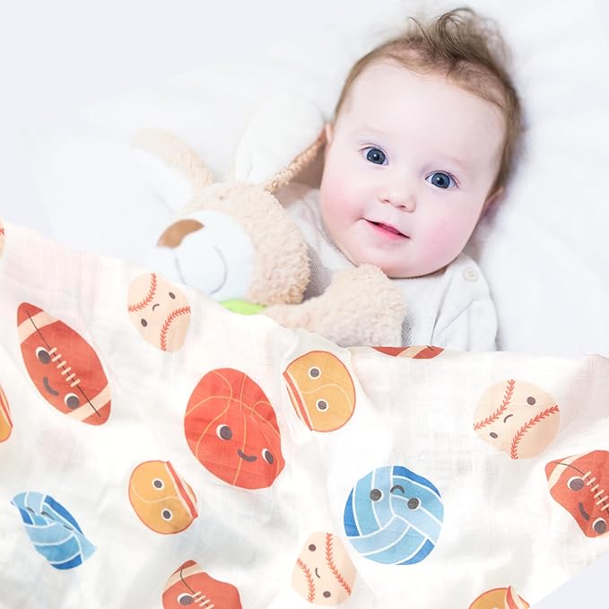 Muslin Swaddle Blankets for Newborn, 2 Pack Large 47"x47" Soft Breathable Bamboo Cotton Baby Blanket, Lightweight Receiving Blanket for Boys and Girls, Ball Games