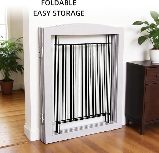 Dog Fence Indoor,Dog Gate Indoor for Doorway pet gate -2-Panel Freestanding, Hallways, House or Stairs -40x32-Inch Retractable Foldable Expandable Wood Pet by SFJC (Grey) ﻿