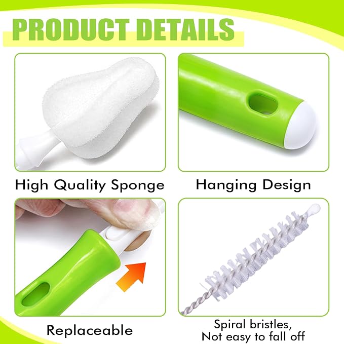 INVODA Nipple Brush 4PCS Sponge Bottle Brushes with 4 PCS Straw Brush Baby Bottle Nipple Cleaner Brush Long Handle Detachable Nipple Brushes (White)