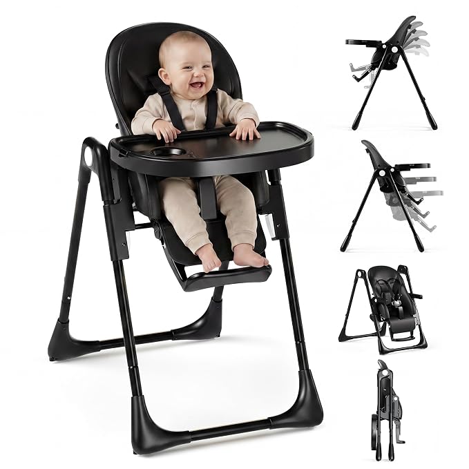 Baby High Chair, Convertible Folding Highchair with Dishwasher-Safe Tray, Adjustable Heights & Backrest, 5-Point Harness, Portable Dining High Chairs for Babies and Toddlers (Black)