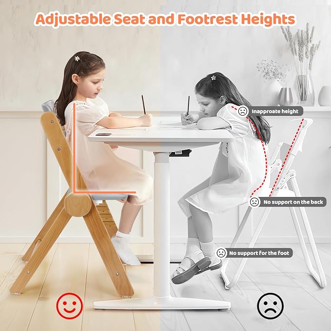 Ezebaby Wooden High Chair Grow with Your Child, Foldable Baby High Chair with Adjustable Seat and Footrest Heights, High Chair for Babies and Toddlers with Cushion and Large Double Layer Tray(Grey)