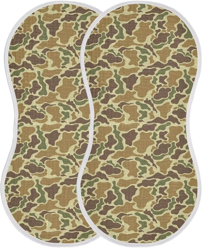 Baby Muslin Burp Cloths Set of 2 Vintage Camo Green Muslin Washcloths Camouflage Retro Brown Army Milk Spit Up Rags Soft Newborn Towel Burp Cloth Bib for Unisex Boys and Girls, 22 x 11 Inch