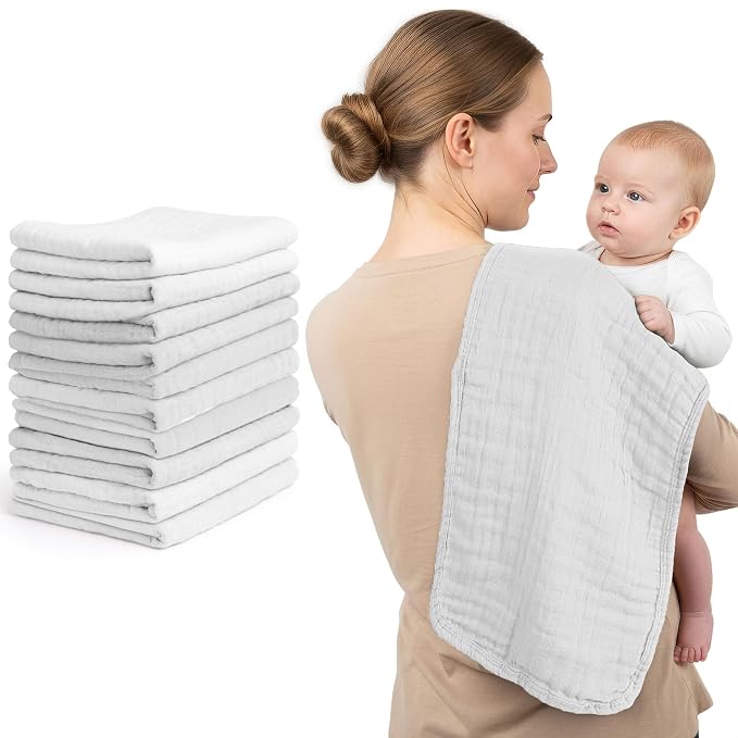 Mère & Moi: Muslin Burp Cloths - 10 Pack, White - 20x10", Soft Cotton, Oeko-TEX, Absorbent & Quick-Dry, Drool Rag, Nursing Cover, Baby & Toddler Care