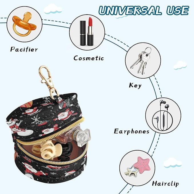 Pacifier Holder with Clip Pacifier Case for Diaper Bag Round Baby Pacifier Pouch Box Bag Portable Black Santa Claus Snowmen Deer