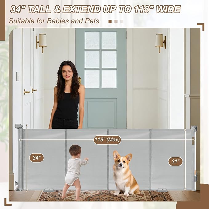 Reinforced 118" Wide Retractable Gate with Reinforced Strips, Indoor/Outdoor Retractable Dog Gate for Doorway Prevent Bottom Drilling Through, Safety Mesh Gate, Grey